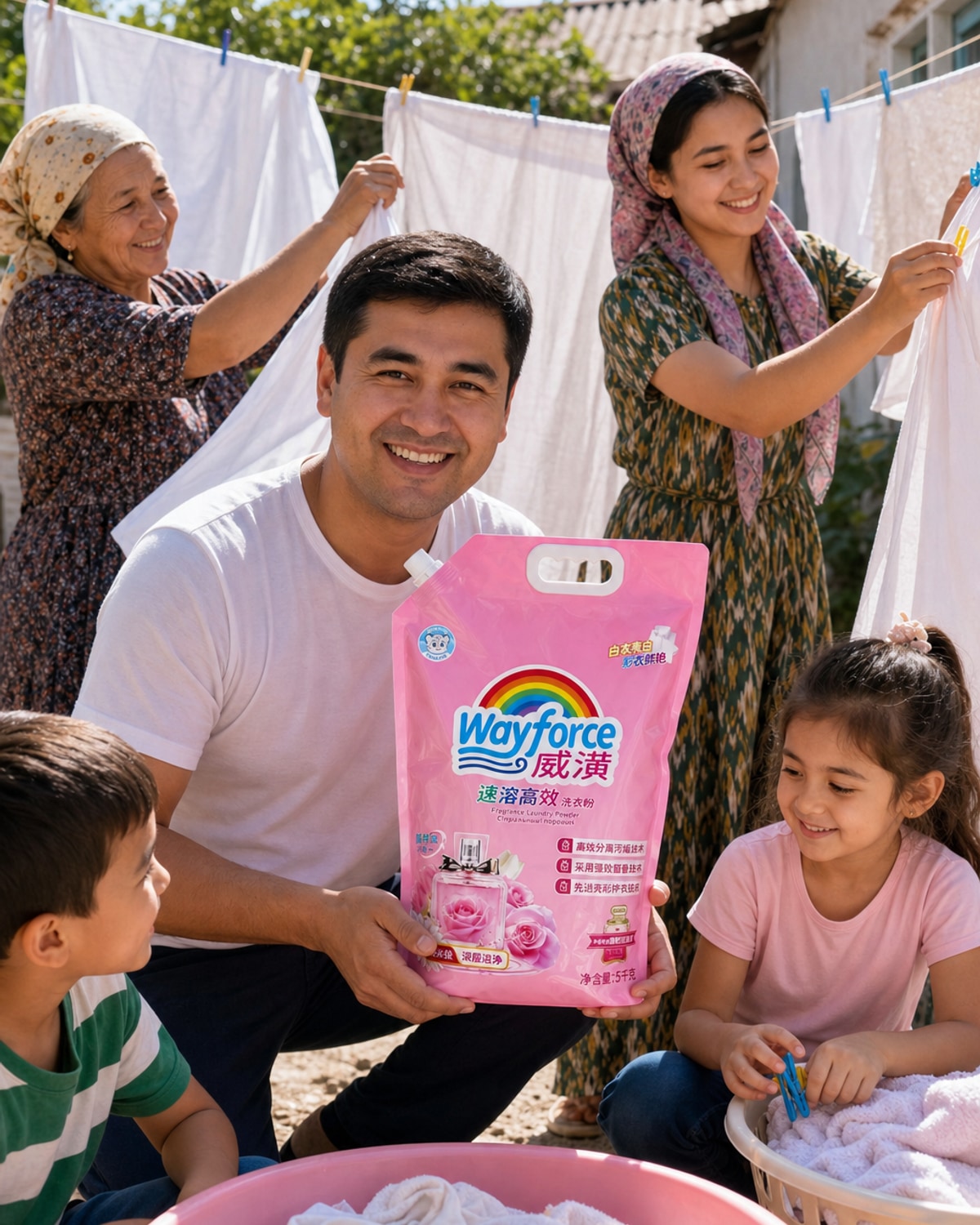 Family in a courtyard with fresh laundry