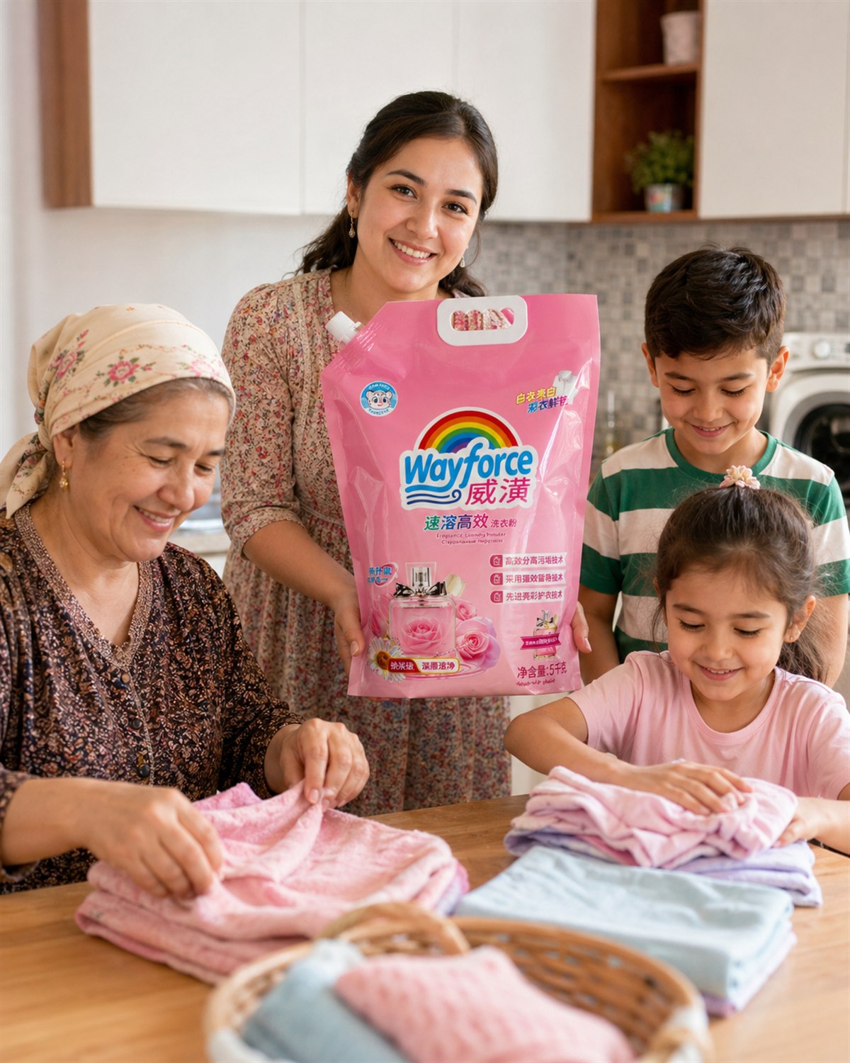 Family folding clean clothes