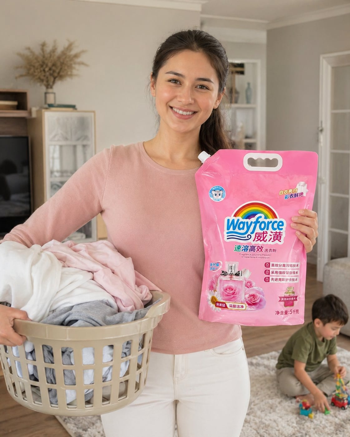 Laundry basket with clean clothes and WayForce at home